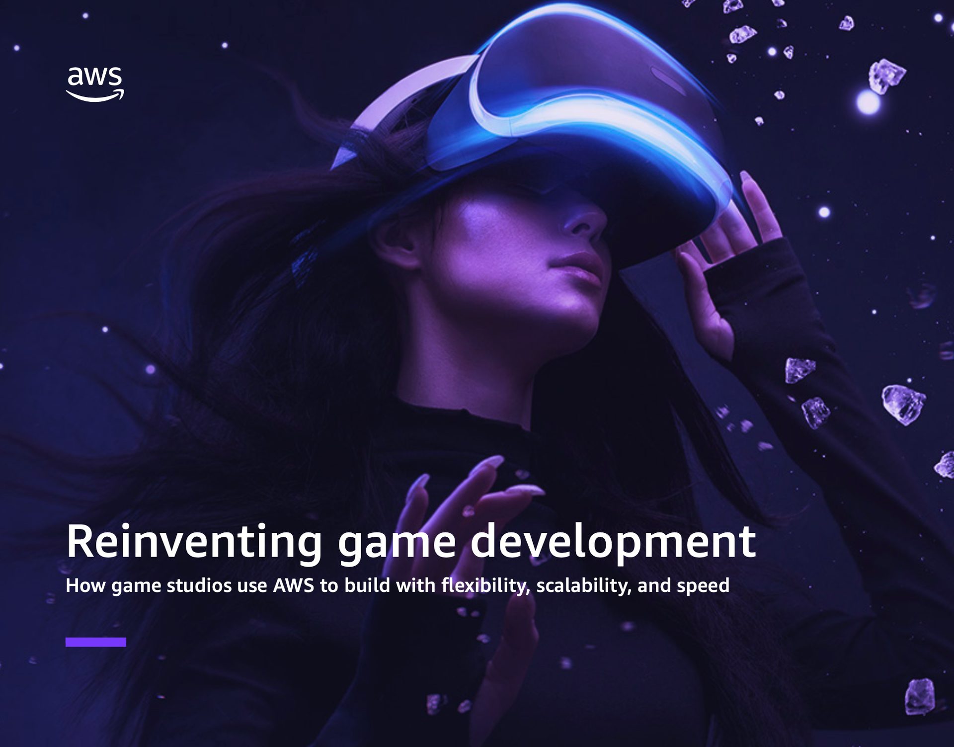 Person in VR headset, AWS logo, text: Reinventing game development.