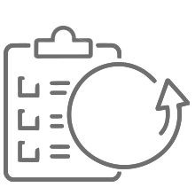 An outline icon of a clipboard with a checklist and a circular refresh or repeat arrow.