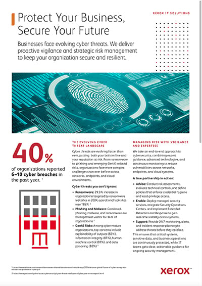 Xerox IT Solutions ad: "Protect Your Business, Secure Your Future," with a digital fingerprint.