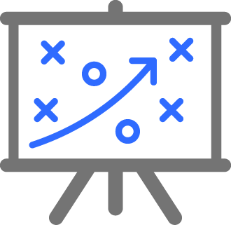 A dark gray presentation board displaying a strategic diagram with blue X's, O's, and an upward arrow.