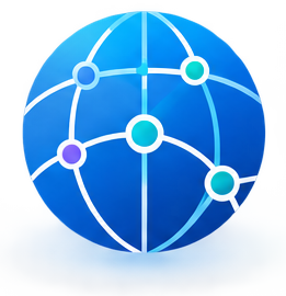 A blue globe with white network lines and colorful nodes, symbolizing global connectivity.