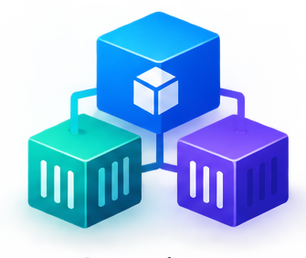 Three interconnected stylized cubes (blue, green, purple) representing modularity or containerization.