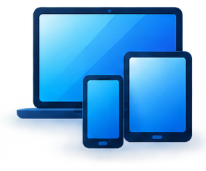 A blue laptop, smartphone, and tablet arranged together, representing various tech devices.