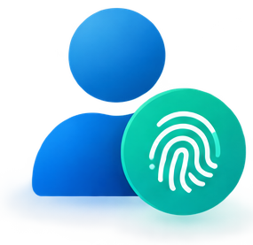 Blue person icon with a green fingerprint symbol, representing biometric identification or user authentication.