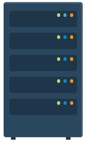 Illustration of a dark blue server rack with five server units, each having three indicator lights.