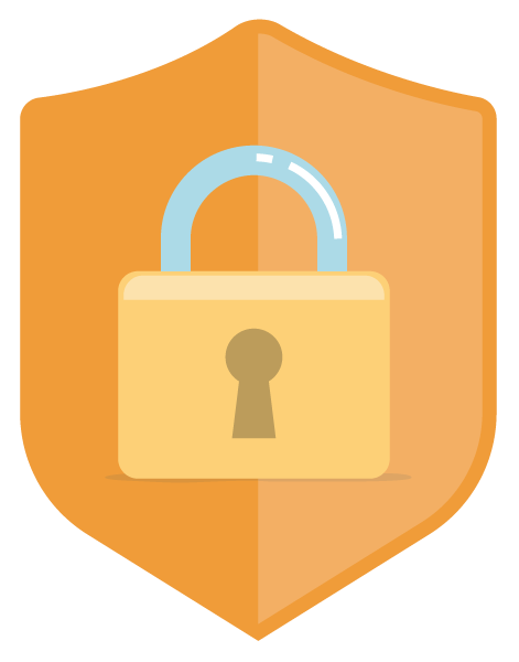 Orange shield with a yellow padlock and blue shackle, symbolizing security and protection.