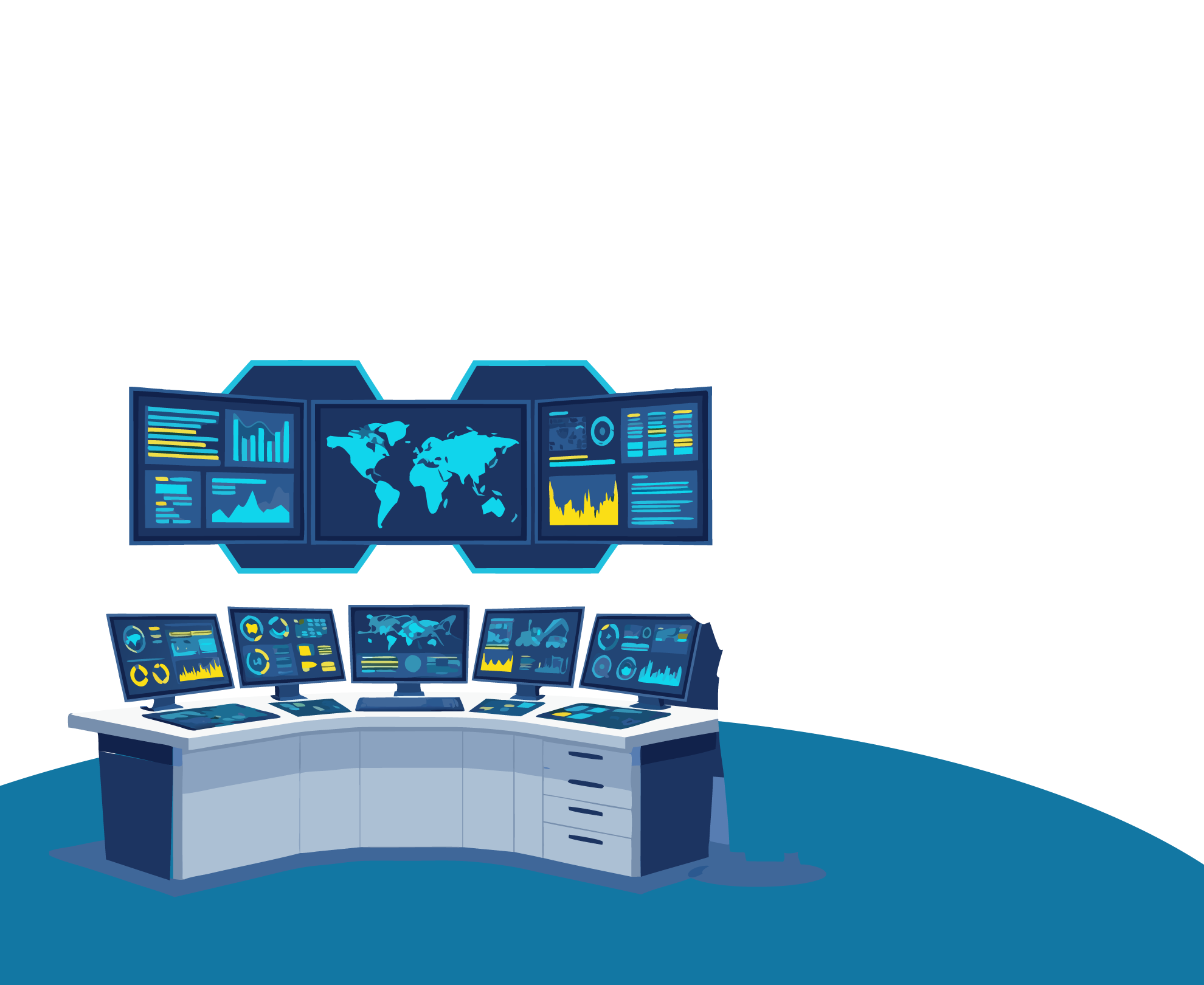 Modern control room with multiple screens showing a world map and data visualizations over a curved desk.