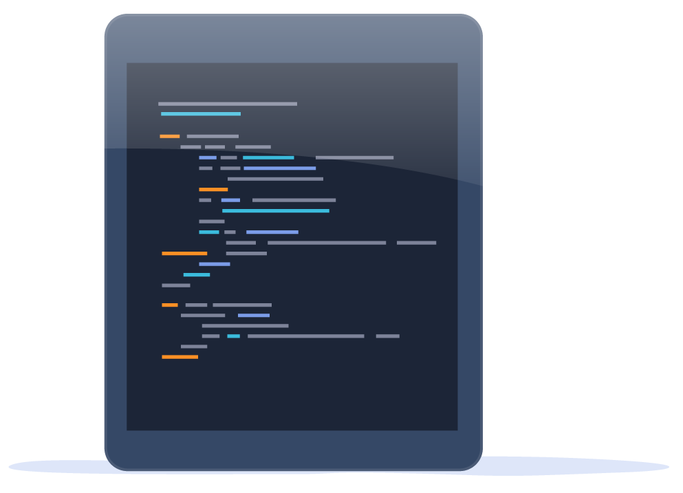Stylized tablet showing colorful code on a dark screen.