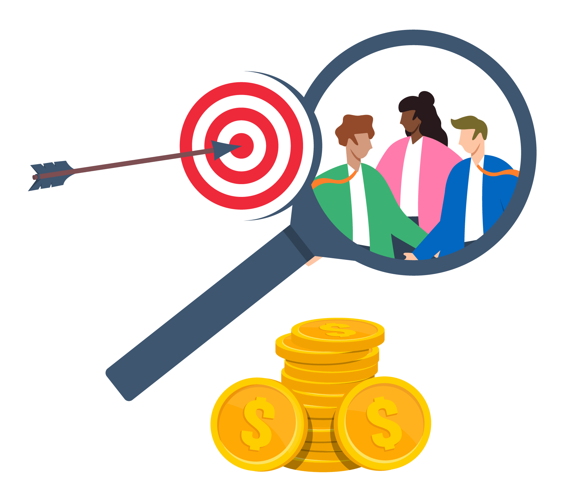 Magnifying glass over people, arrow in target, and gold coins.