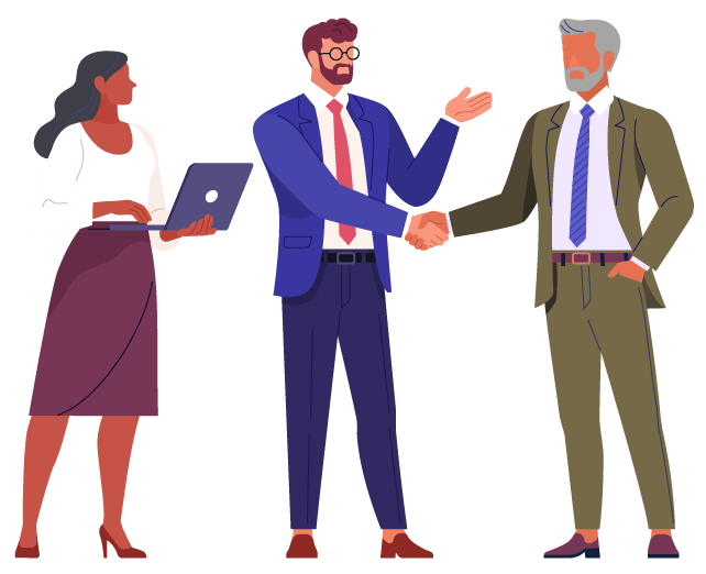 Three professionals: woman with laptop, two men shaking hands.