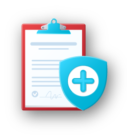 A red clipboard with a document, next to a blue shield featuring a white medical cross.
