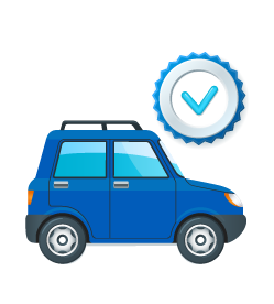Blue car with a checkmark badge, symbolizing approval or verified status.