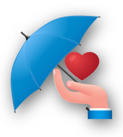 A hand holds a blue umbrella over a red heart, symbolizing protection and care.