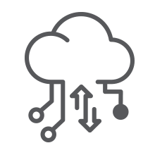Cloud icon connected to data lines with arrows for data transfer, symbolizing cloud computing and data flow.