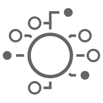 Icon of a central circle connected to multiple smaller circles and dots by lines, symbolizing a network or hub.