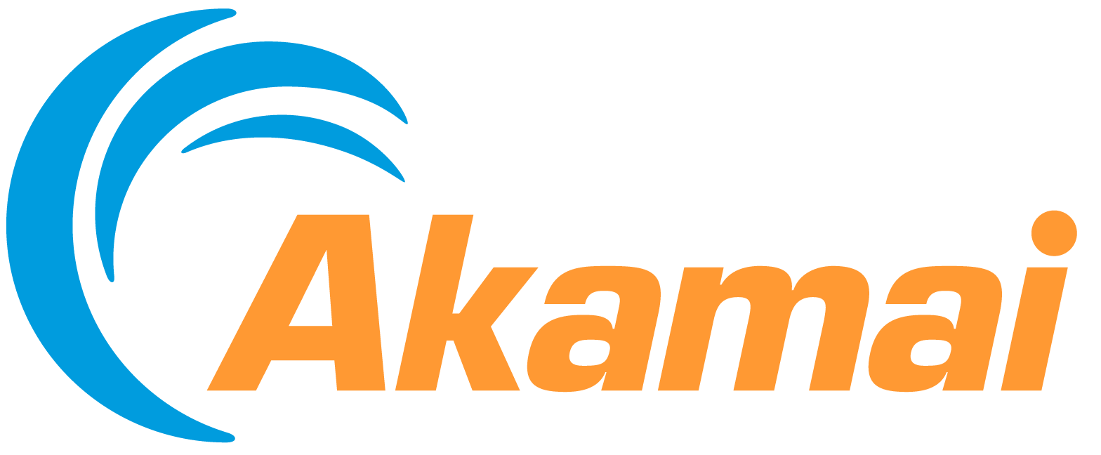 Akamai logo with blue graphic and orange text on a green background.